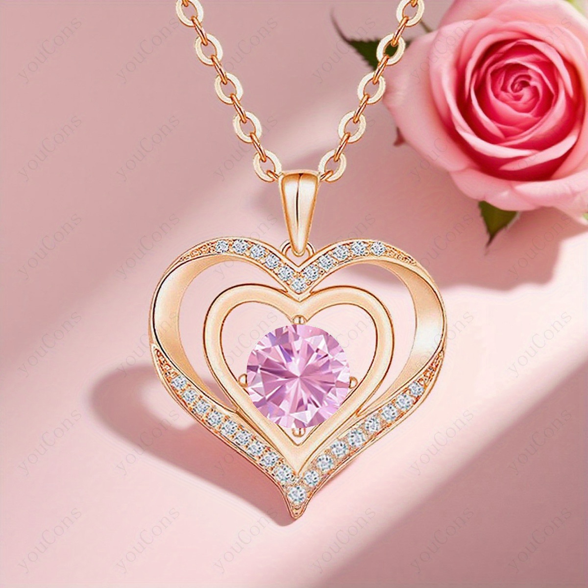 Women's Pink Synthetic Zirconia Birthstone Necklace Gift Box